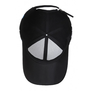 Black graffiti baseball cap with adjustable strap and inner lining details