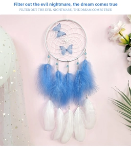 Detail of blue and white feathers with beads on a butterfly dreamcatcher hanging