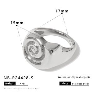 Detail view of silver spiral thick stainless steel ring with 15mm width and size specs