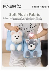 Detail of plush light blue handbags featuring cute 3D white bear and grey schnauzer dogs