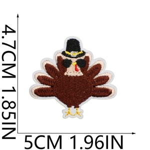 Detailed embroidery patch measurement showing a turkey wearing a hat and sunglasses