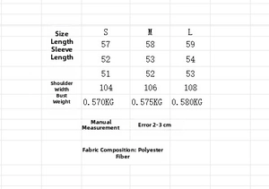 Detailed size chart for turtleneck knit sweater showing S, M, L dimensions and weight