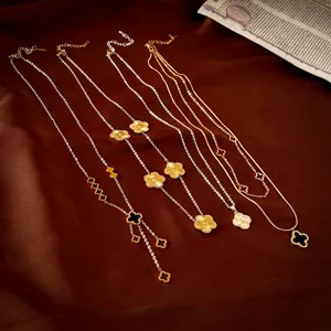 Collier En Acier Inoxydable Superposé Pendentif Fleur Trèfle À Quatre Feuilles Noir Or Luxe Chaîne Clavicule Bijoux Femmes