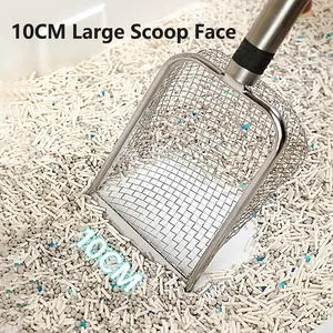 Heavy duty stainless steel cat litter scoop with 10cm wide metal mesh for efficient cleaning
