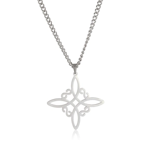 Polished stainless steel necklace featuring a square Celtic knot cutout pendant on white surface