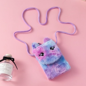 Detailed view of plush unicorn crossbody bag with embroidery and pastel tie-dye faux fur