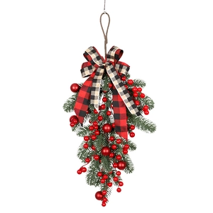 Christmas PE red berry teardrop swag with pine needles and plaid bow on white background