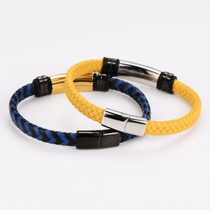 Braided leather bracelets for men in yellow and black-blue with stainless steel clasps