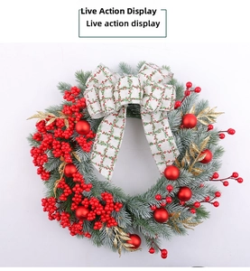 Detailed Christmas wreath with red berries, pine needles and checkered bow on white background