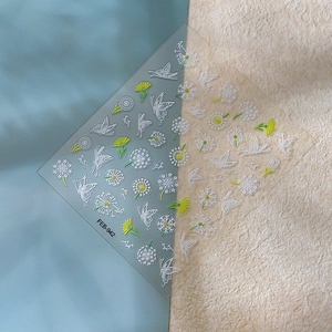 5D embossed nail stickers featuring yellow dandelions and white butterflies (FEB-942)