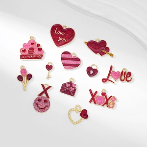 12Pcs Valentine red heart enamel charms with gold trim for DIY necklaces and earrings
