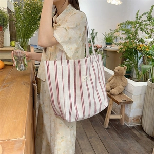 Fashionable red and white striped canvas tote bag styled in a cozy lifestyle setting