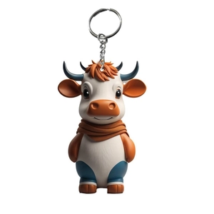 Close-up of a cartoon highland cow keychain with orange horns and a brown scarf detail