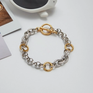 Two-tone 18K gold and silver chunky chain bracelet with a T-bar toggle clasp for women