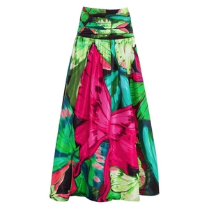 A-line high waist long skirt with colorful tropical leaf print in magenta and emerald green