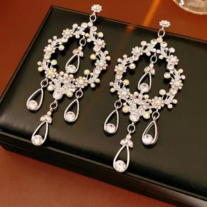 Luxury Hollow Water Drop Tassel Earrings Alloy Rhinestone Chandelier Style With Silver Earring Post For Women