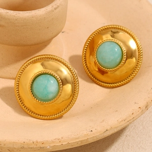 Vintage 18K gold plated stainless steel round earrings with green amazonite stone