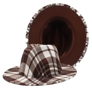 Classic brown plaid fedora hat with elegant checked pattern and soft dark brown lining