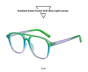 Detail view of stylish aviator sunglasses with gradient green to blue frames and blue light lenses