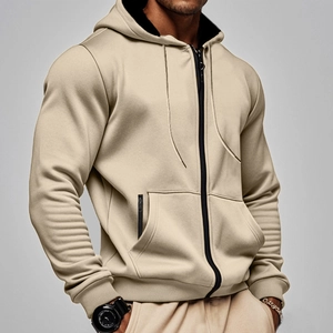 Sweat à capuche zippé pour homme en kaki avec doublure polaire et cordon de serrage