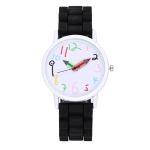 Close-up of kids quartz watch with black silicone strap and creative pencil-shaped hands