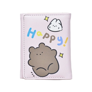 Pink cartoon bear and rabbit trifold wallet with colorful Happy text on white background