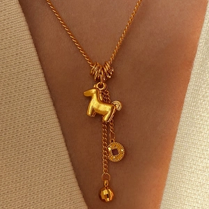 Elegant Horse Pendant Necklace With Copper Coin And Metal Bead 24K Gold Plated Copper Clavicle Chain For Women Zodiac Lucky Charm