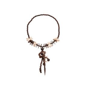 Ethnic bohemian necklace with dark brown wood beads and white shell floral pendants