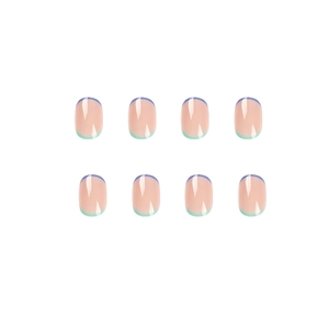 French tip press on nails with blue and mint green double-colored design on pink base