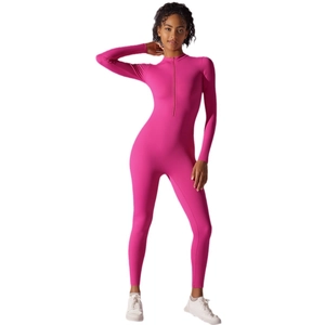 Rose pink long sleeve high elastic bodysuit with half-zipper and mock neck yoga style
