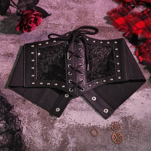 Gothic black leather lace-up corset belt with rivet details and sequin trim decoration