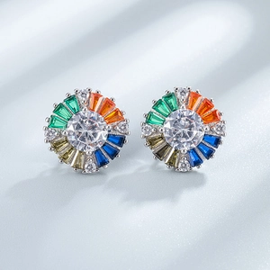 Sparkling S925 sterling silver stud earrings with colorful radiating rectangular crystals