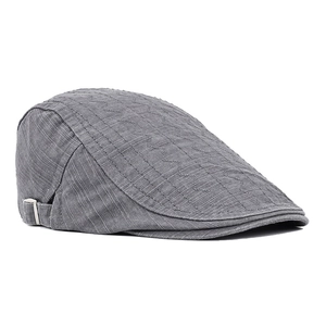 Detail of grey cotton flat cap with wavy embroidery and adjustable metal side buckle