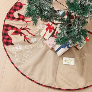 Linen Christmas tree skirt with red buffalo plaid reindeer and snowflake embroidery