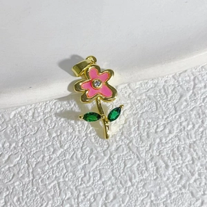 Pink daisy pendant with gold frame and green zircon leaves for DIY necklaces