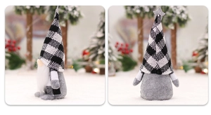 Detail of Christmas gnome with black and white plaid hat and long white beard decor