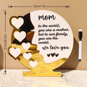 Macro shot of acrylic Mother's Day plaque with dimensions and warm heart pattern details