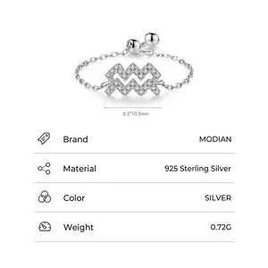 Aquarius zodiac sign chain ring in 925 sterling silver with zircon stones for women