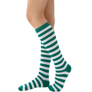 Close-up of green and white striped over-the-knee socks showing knit cotton texture