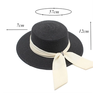 Detail view of black boater hat with dimensions: 57cm circumference, 7cm brim, 12cm height
