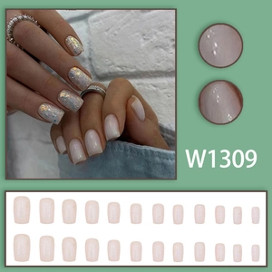 Pearly white gradient square press-on nails with glitter accents and 24-piece full set