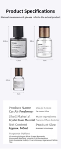 Detailed size chart for car glass perfume bottles showing 160ml capacity and dimensions