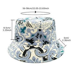 Bohemian reversible bucket hat with blue pattern print and size measurement details