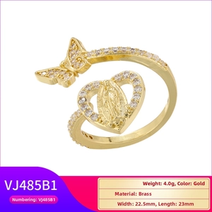 Detail of 18K gold plated brass ring featuring a Virgin Mary relief inside a heart with zircons