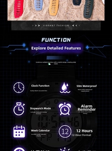 Waterproof digital sports watch detailing 50m water resistance and alarm functions