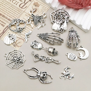 Retro gothic silver skeleton spider charms for Halloween jewelry making and accessories