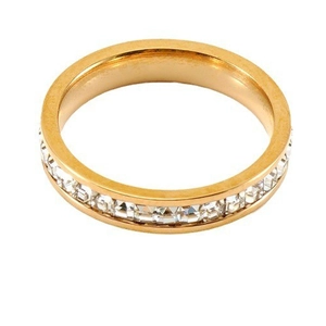 Gold stainless steel ring featuring a full band of square cubic zirconia stones