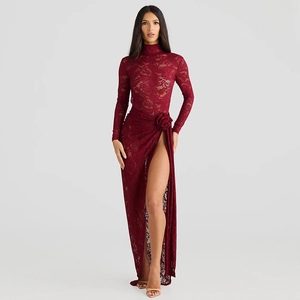 Lace Mesh See Through Bodysuit And Side Slit Maxi Skirt High Neck Open Back Long Sleeve Sexy Party Wear Women