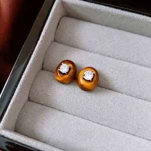 Vintage Tiger's Eye Oval Stud Earrings With Zircon Inlay And Silver Earring Post Elegant Jewelry For Women