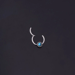 Polished stainless steel hinged nose ring with a blue turquoise stone inlay detail